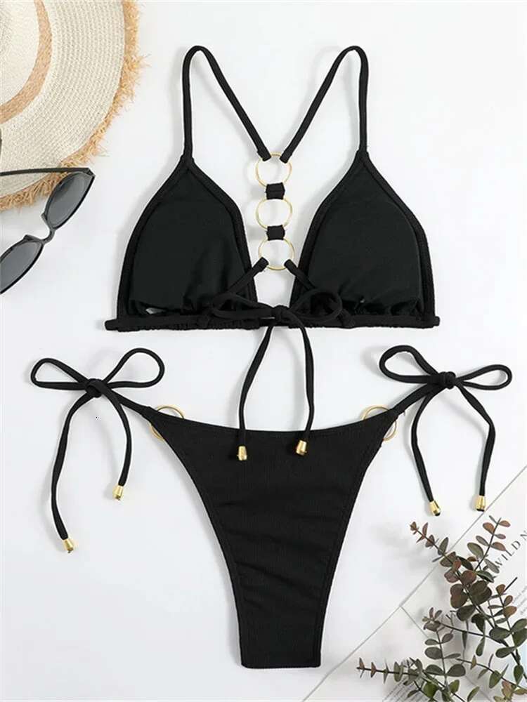 Dongdumaoyi Sexy Tie Side Thong Bikini Set Women Black Ring Linked Cut Out Lace Up Micro Swimsuit Bathing Suit Push Mini Swimwear