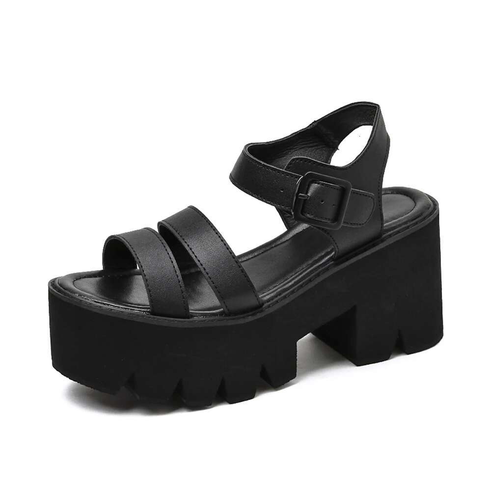 Gdgydh Women's Black Platform Sandals Comfy Open Toe Chunky Heel Buckle Strap Fashion Casual Solid Color School Shoes