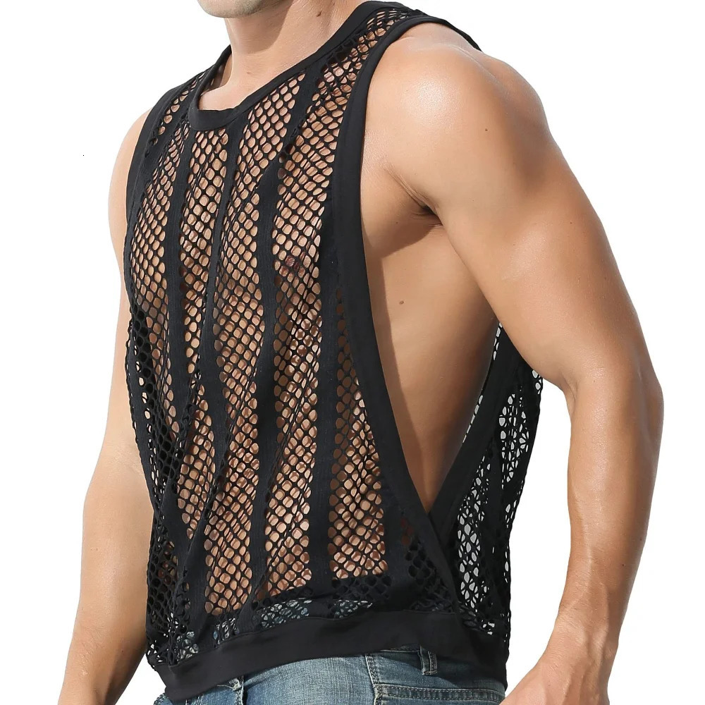 Elastic plus mesh top mens casual hollow sexy vest street clothing mens muscle tank top gym clothing 250403
