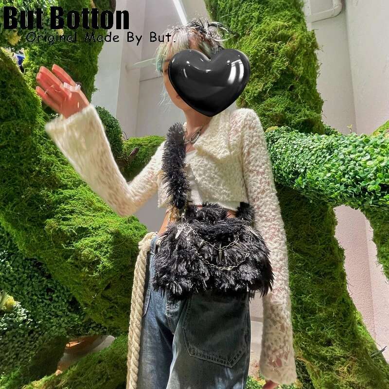 Gothic Lolita Girl Dark Black Furry Shoulder Bags Handbags Y2k Women Metal Punk Rivet Chain Winter Fluffy Messenger Bag Totes