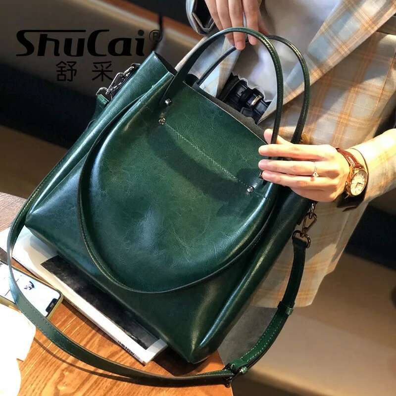 Shoulder Large Casual Tote Fashion Messenger Cowhide Leather Women's Bag Large-Capacity Ladies Handbag Bucket High Quality