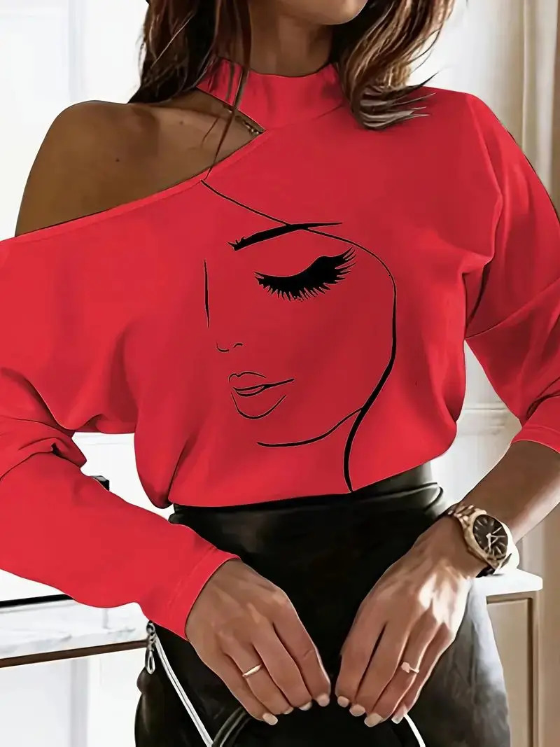 An abstract facial pattern Tshirt casual shoulder cut long sleeved womens clothing 250407