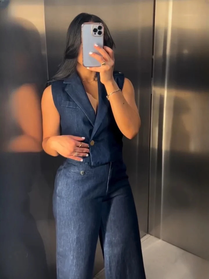 RARA Summer Womens Short Denim Tank TopStraight Wide Leg Jeans Fashionable and Unique Set 250407