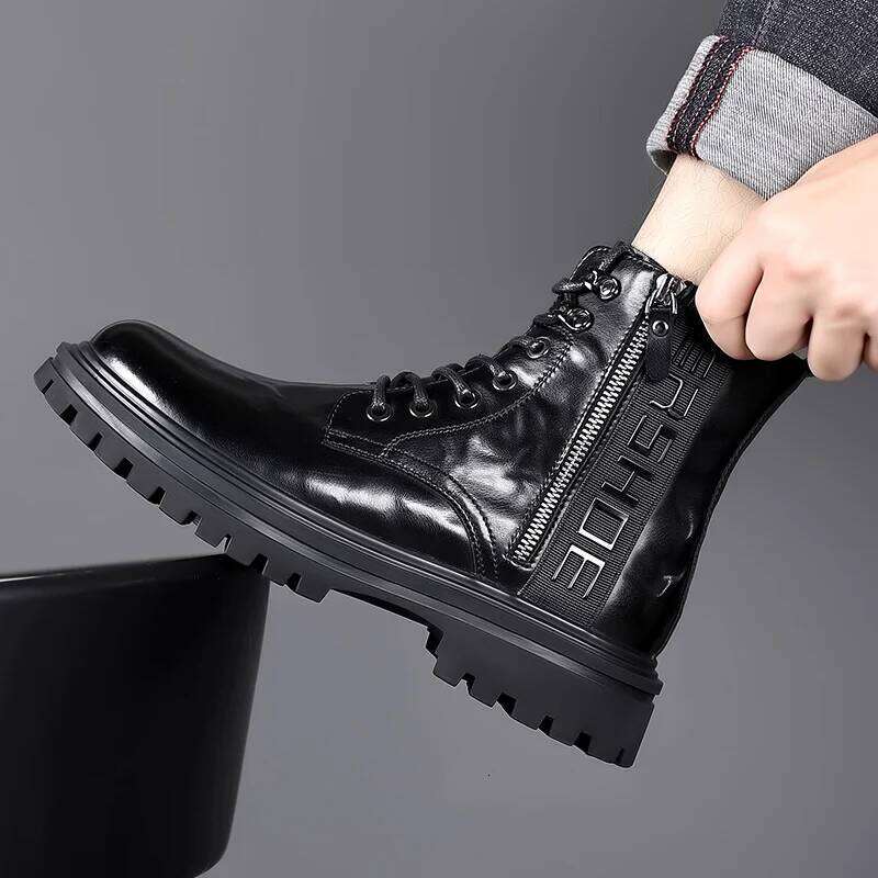 Luxury Brand Winter New Designer Genuine Leather Boots Fashion Casual High Top Short Plush Men Side Zipper Platform Shoes