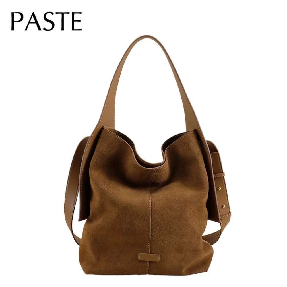 Ins Chic Slouchy Style Soft Touch Bucket Tote Big Genuine Suede Leather Women Shoulder Bag Matte Nubuck Office Ladies Handbag