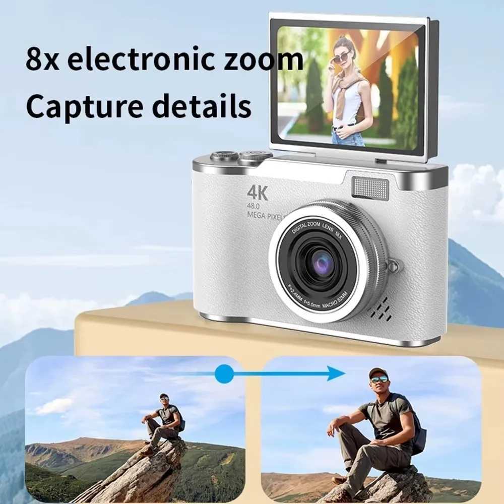 NEW 4K CCD 8X Digital Zoom Digital Camera 48MP Compact Portable Digital Photography Camera 180 Flip Screen Selfie CameraW251107