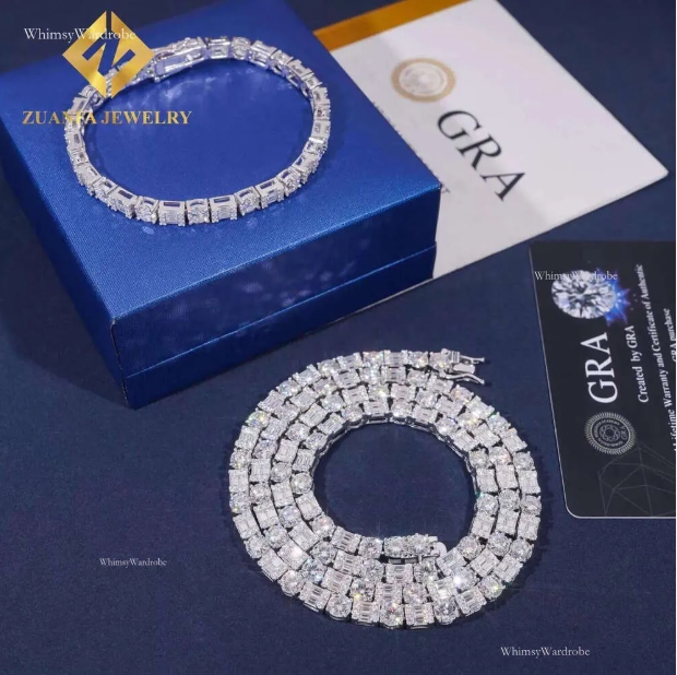 Pass the testIced Out Baguette Dia Sier Men Women Choker Trendy Moissanite Tennis Chain Necklace