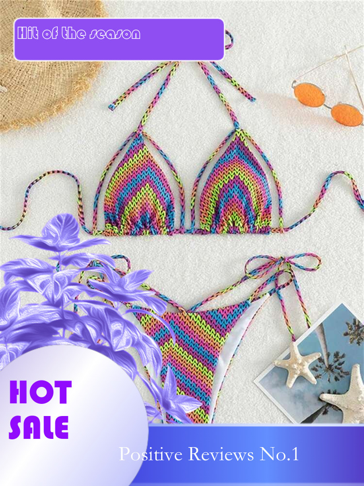 Dongdumaoyi Sexy Neon Contrast Stripe Bikini Women Cut Out Push Up Criss Cross Swimsuit Summer Bathing Suit Tie Side Triangle Swimwear