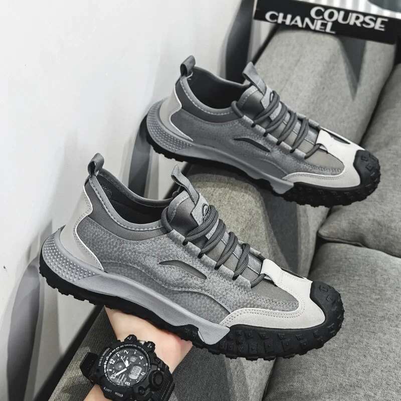 Outdoor Hiking Anti-slip Platform Men Sneakers Retro Leather Jogging Fashion Wear-resistant Trekking Shoes Male