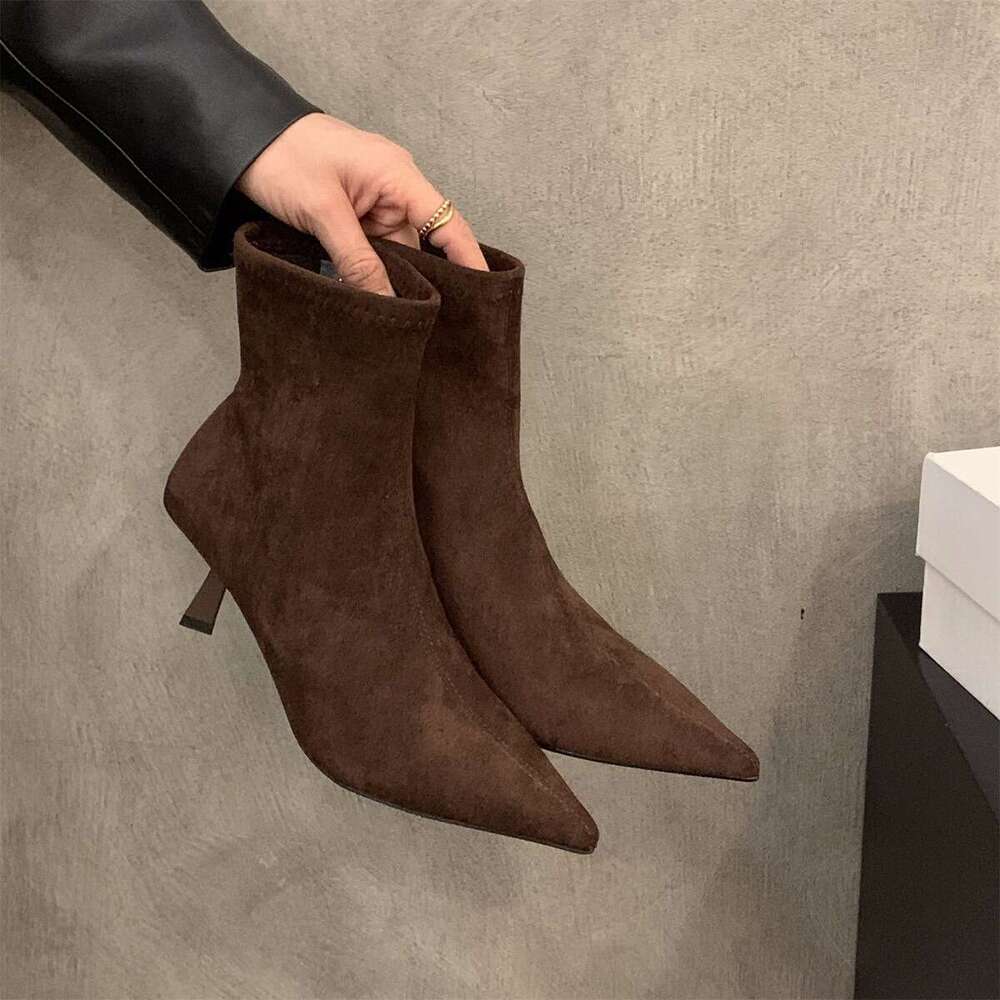High Heel Free shipping Pointed Toe Brown Suede Slim Short Women's Shoes 2025 New Autumn Winter Fleece-Lined French Style Ankle Boots