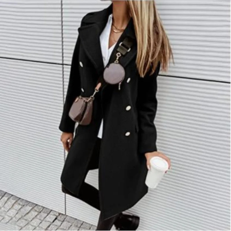 Woolen Women Jackets Elegant Solid Trench Lapel Turndown Collar Womens Jacket DoubleBreasted Overcoat For Autumn Winter 251030