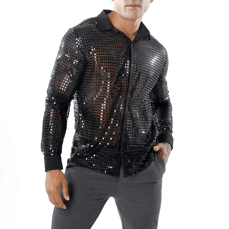 Mens Sheer Sequins Shirt Long Sleeve Turn Down Collar Button Dot Shirts y Blouse Tops 250226