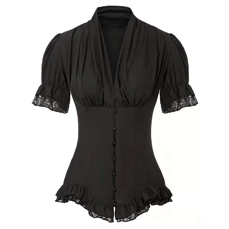 Vintage Victorian Blouse For Women Short Sleeve V Neck Lace Chiffon Slim Corset Shirt Tops