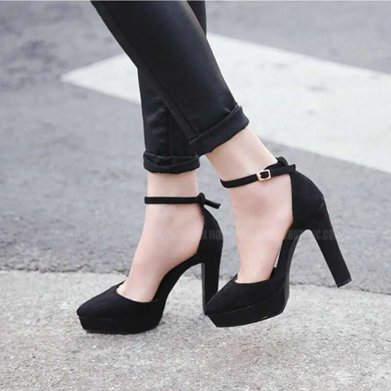 Thick Heel One Word Buckle Strap Pumps Waterproof Table Pointed Single Shoe Female Black Work Shoes Fashion Princess Sandals