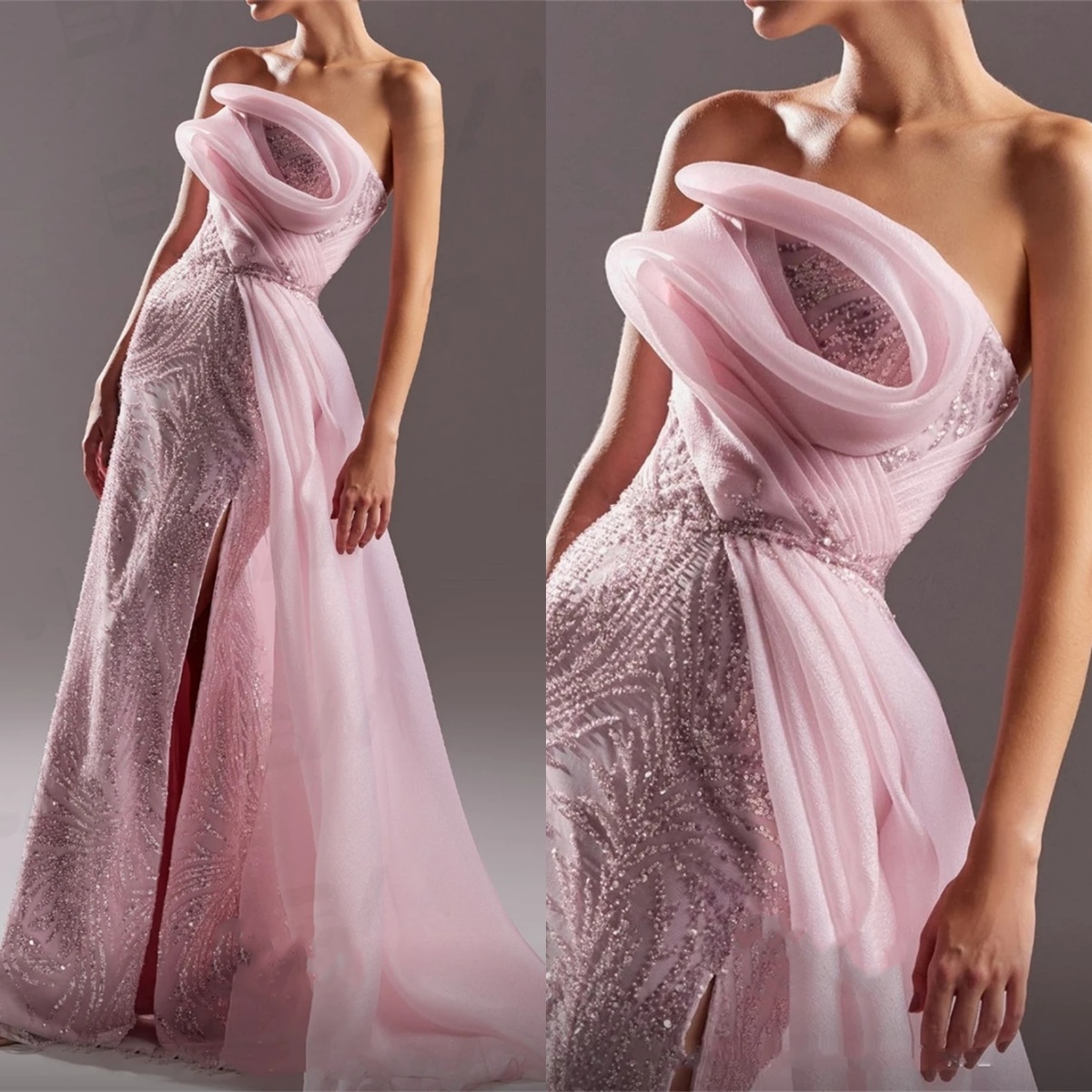 Vintage Evening Dresses Strapless Sleeveless Backless Gown Sequins Appliques Split Side Sweep Train Dress Party Customized Dress