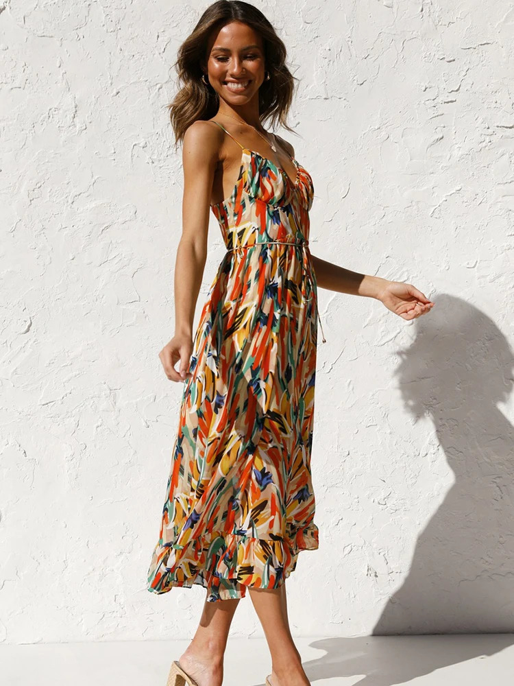 Summer womens floral long dress spaghetti strap sexy dress casual beach dress sun skirt womens clothing Bohemian dress 250401