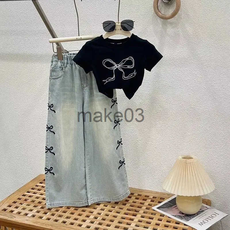 Girls thin suit teenage girls wide leg jeans T-shirt 2-piece summer childrens clothing set J250403