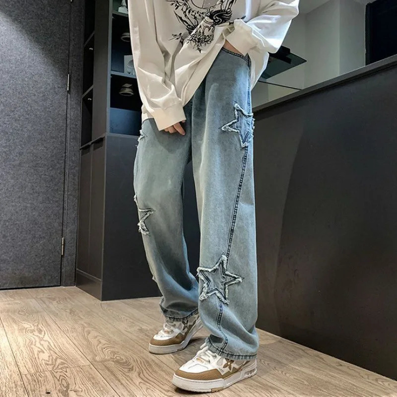 Mens Star Embroidered Loose Fashion Jeans Y2K Street Hip Hop Stretch Soft Straight Wide Leg Denim Trouser 250401