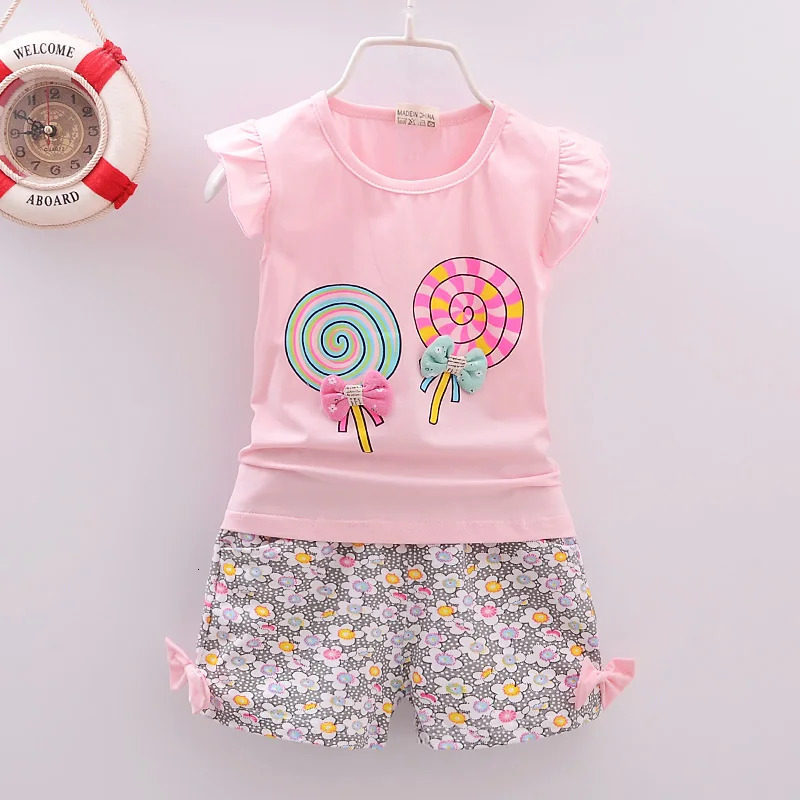 Baby Girls Clothes Sets for Kids T-shirt TopsShort Pants Clothes Sets Toddler Girl Lollipop Printed Summer Infant Clothing Sets 250407