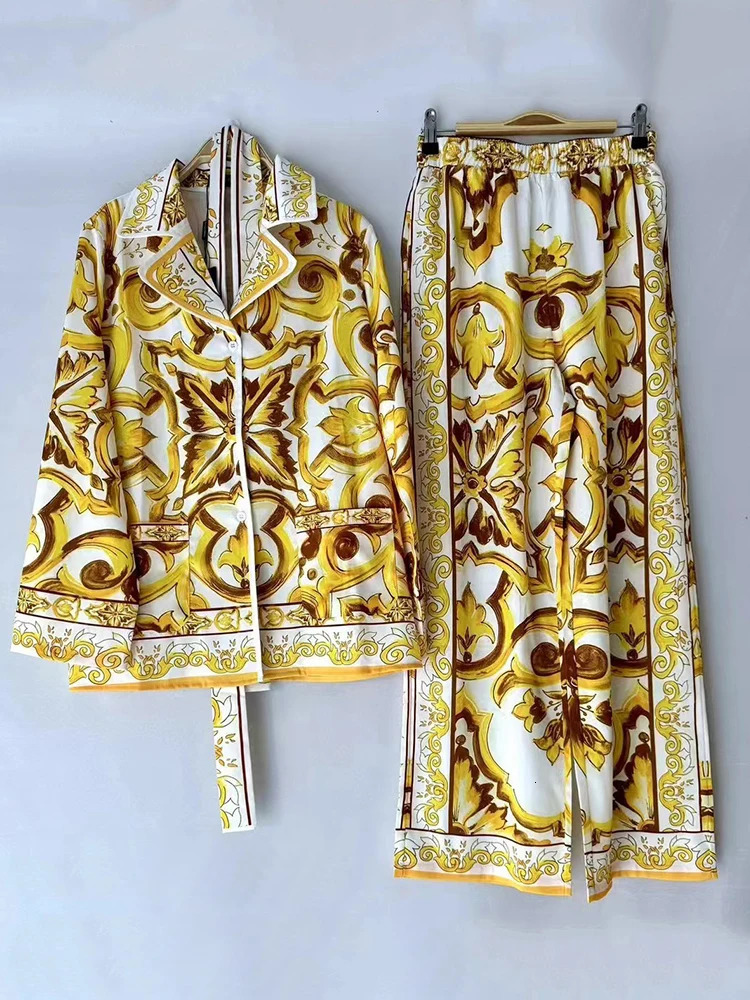 Retro geometric print loose pajama shirt twopiece set for spring womens clothingelastic waist wide leg pants fashion 250407