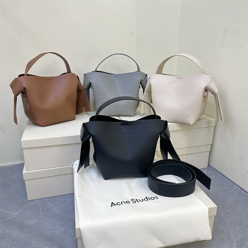 Swedish Niche AS Women's Cowhide Simple Bow Handbag Bucket Single Shoulder Crossbody Bag