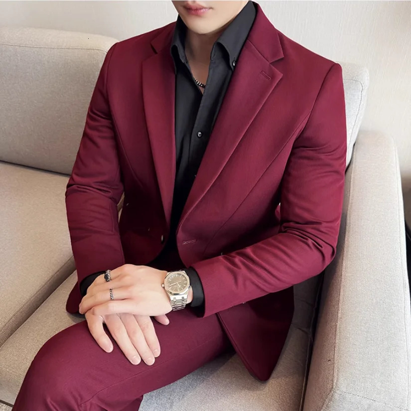 JacketPants Mens Solid Color Business Social Wedding Party Set Fashion Mens Banquet Ultra Thin Fit Dress Jacket and Trouser 250402