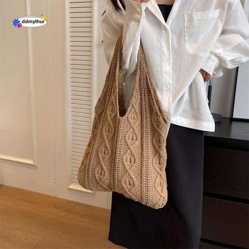 Wool Knitted Shoulder Shopping for Women Vintage Cotton Cloth Girls Tote Shopper Large Female Handbag Crochet Bag ddmythur