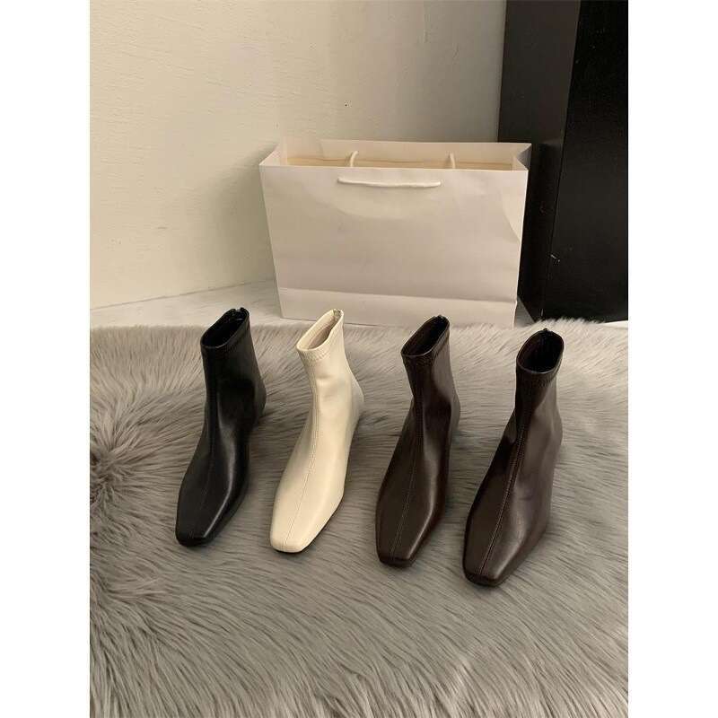 Korean Version Old Money Style Minimalist Small Square Toe Short Free shipping Ankle Autumn Winter New Wedge Chelsea Slim Boots Women
