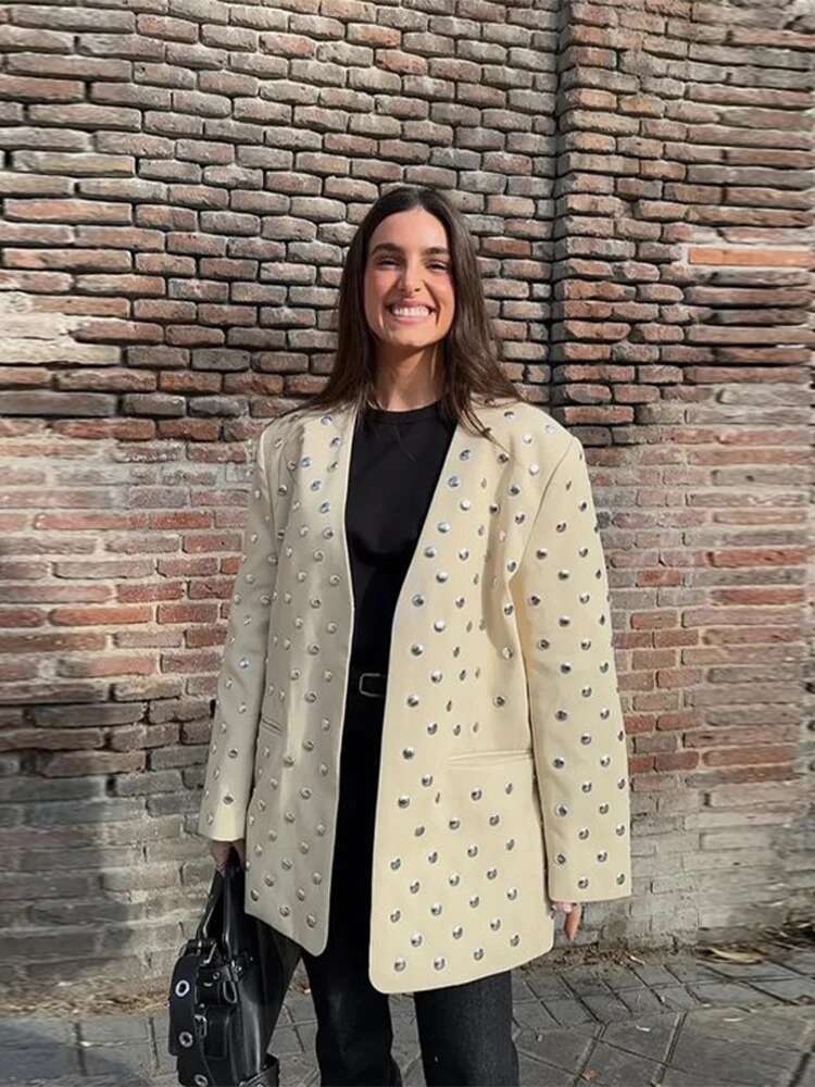 Retro Deep V-Neck Studded Suit Jacket Women Casual Loose Rivets Pockets Open Jackets Female 2025 Spring Chic Street Outwear