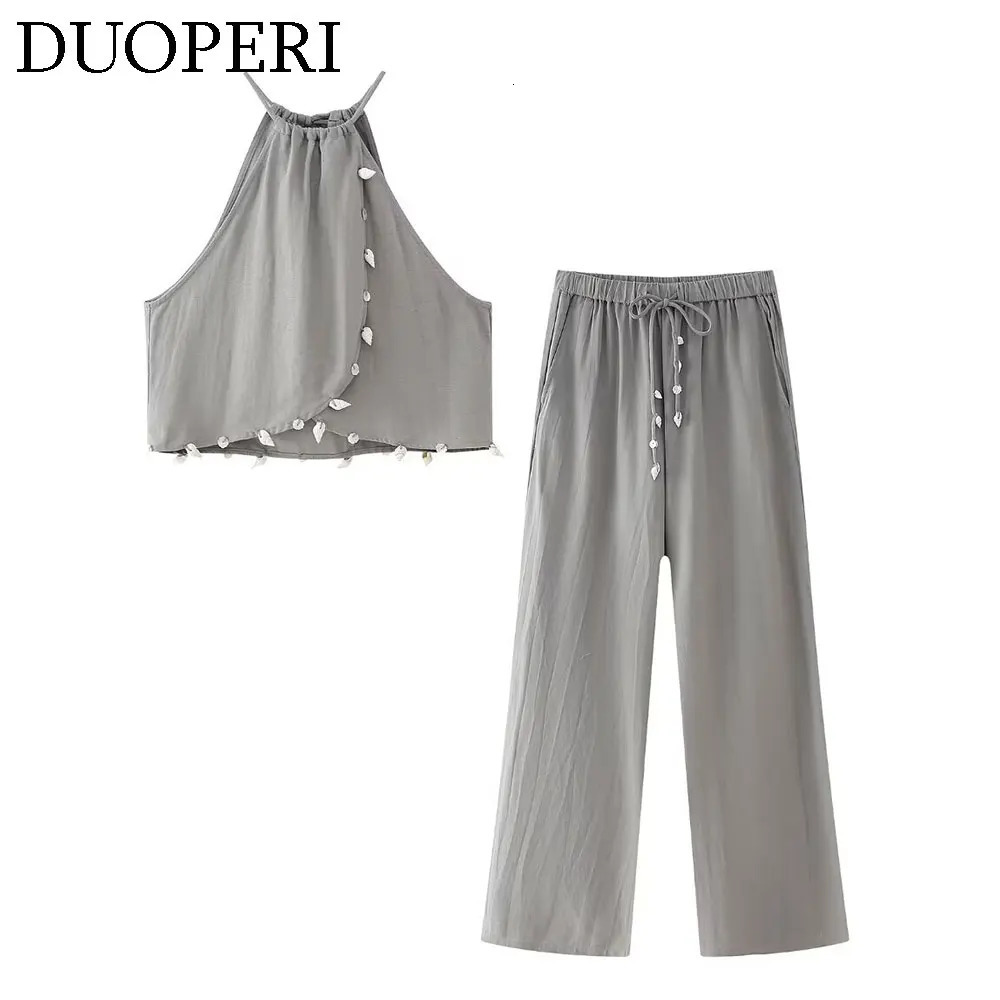 DUOPERI Womens 2piece Shell Decorative Top Tank and High Elasticity Waist Mens Unique Casual Pants Coordinate 250407