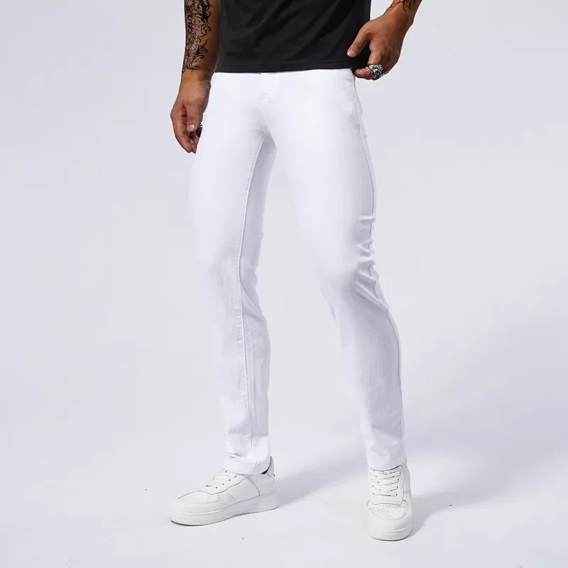 Fashionable elastic mens white jeans comfortable slim American street clothing denim pants 250401