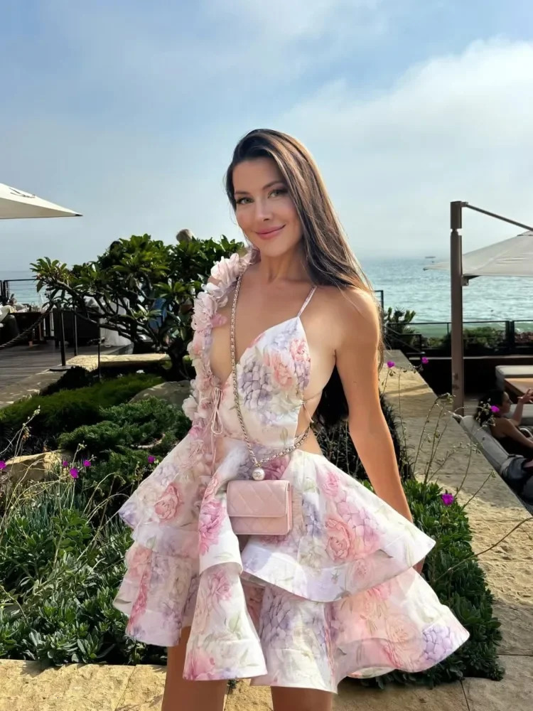Stereo printed fluffy dress lace up slimming belt party dress pleated leather hem suspender beach suspender dress 250401