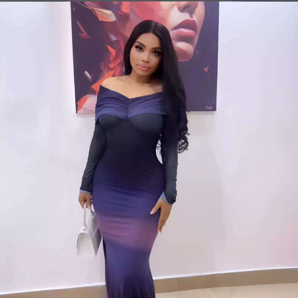 2025 Autumn New Long Sleeve Ruched Off-Shoulder Gradient Slim Dress for Women