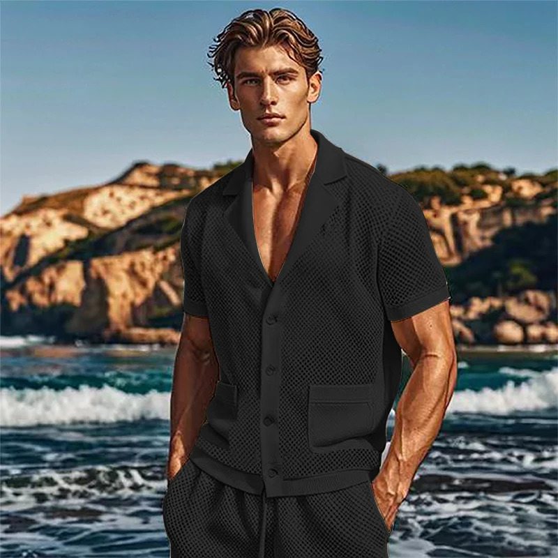 European and American mens casual comfortable sportswear refreshes solid color hollow air breathable short sleeved pajamas 250313
