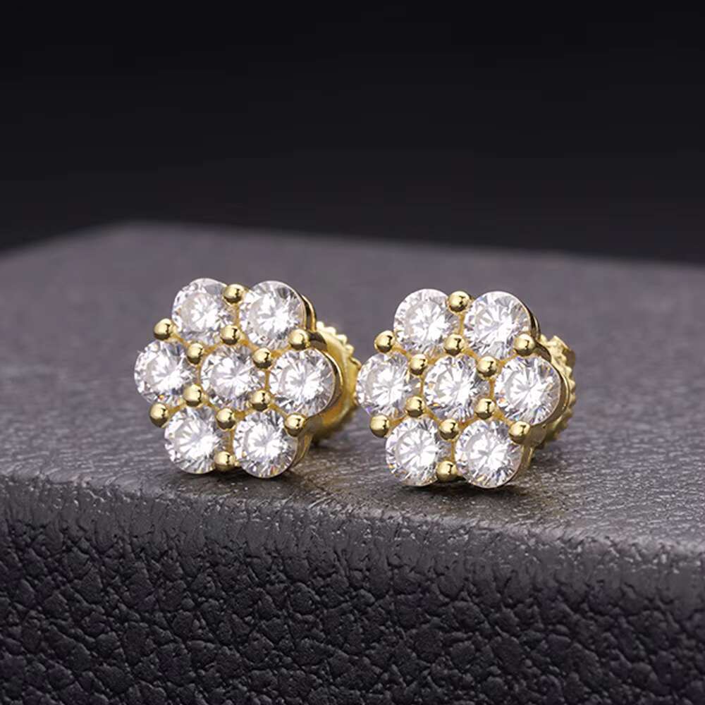 Hip Hop Jewelry Gold Plated Iec Out VVS Moissanite 925 Sterling Silver Flower Cluster Earrings for Men