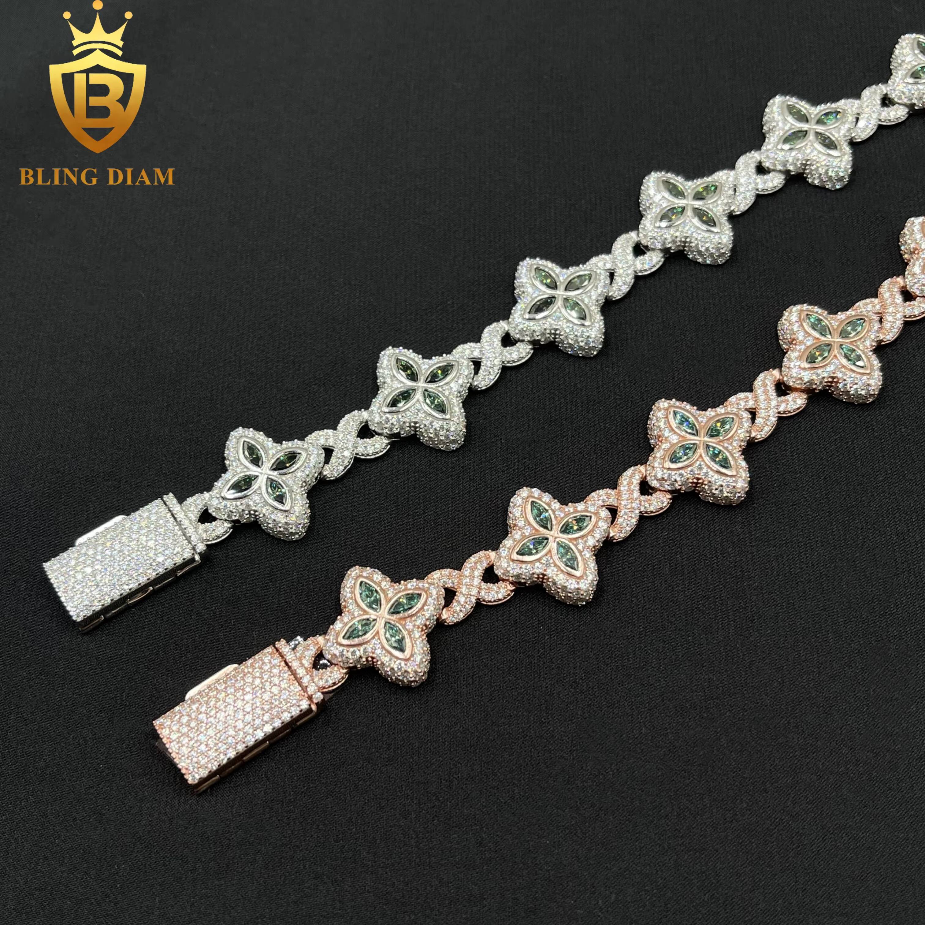 Hot Selling Design Hip Hop Jewelry Iced Out Marquise Cuban Link Chain VVS Moissanite Four-Leaf Clover 18mm Bracelet