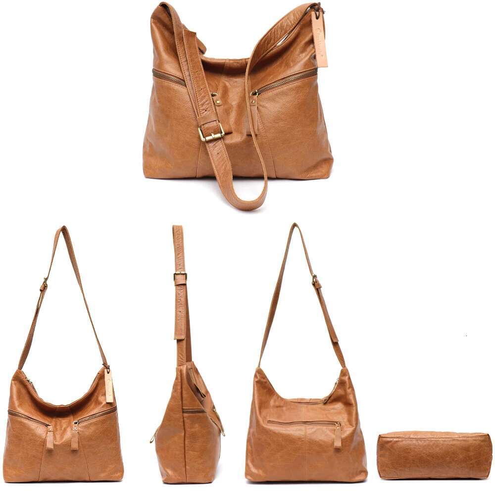 SC Vintage Large Casual Women Shoulder Bag Oil Wax Genuine Leather Multi Pockets Hobo Handbag Retro Daily Crossbody Purse