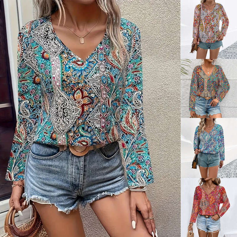 European American Hot selg Boho Paisley Printed V-neck Long sleeved Shirt Women's Wear 2025 New Style Stylish and Elegant Clothing