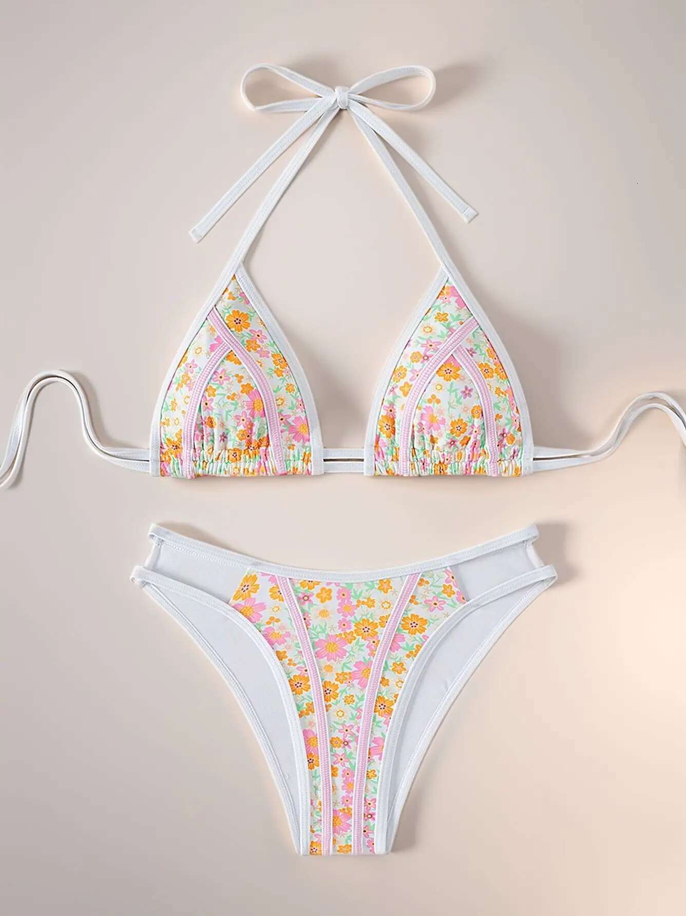 Dongdumaoyi Sexy Pink Floral Print Swimsuit Women Hollow Out High Waist Bikini Set Summer Beach Bathing Suit Two Piece Swimwear Biquini