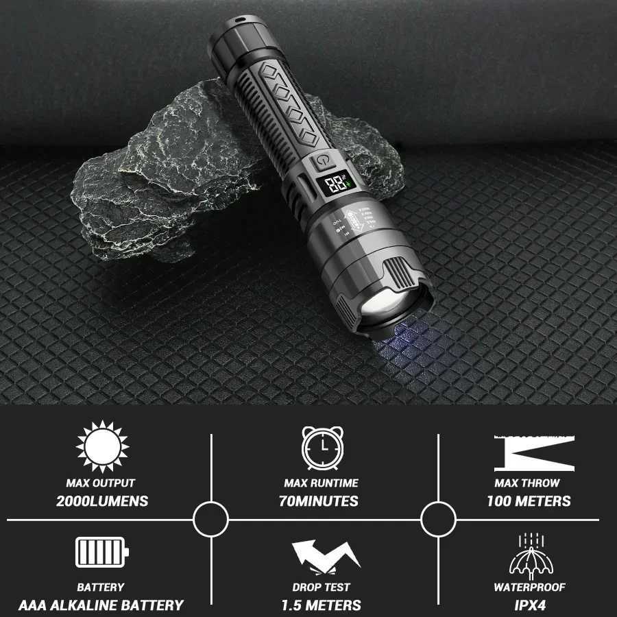 High Power 2000LM LED Flashlight Built-in Battery USB Rechargeable Strong Light Tactical Torch Outdoor Camping Hiking LanternW251106