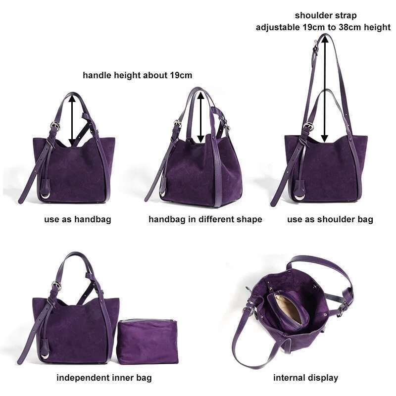 Cowhide Leather Women Tote Large Capacity Senior Vegetable Basket Bucket Bag Suede Single Shoulder Crossbody Pack