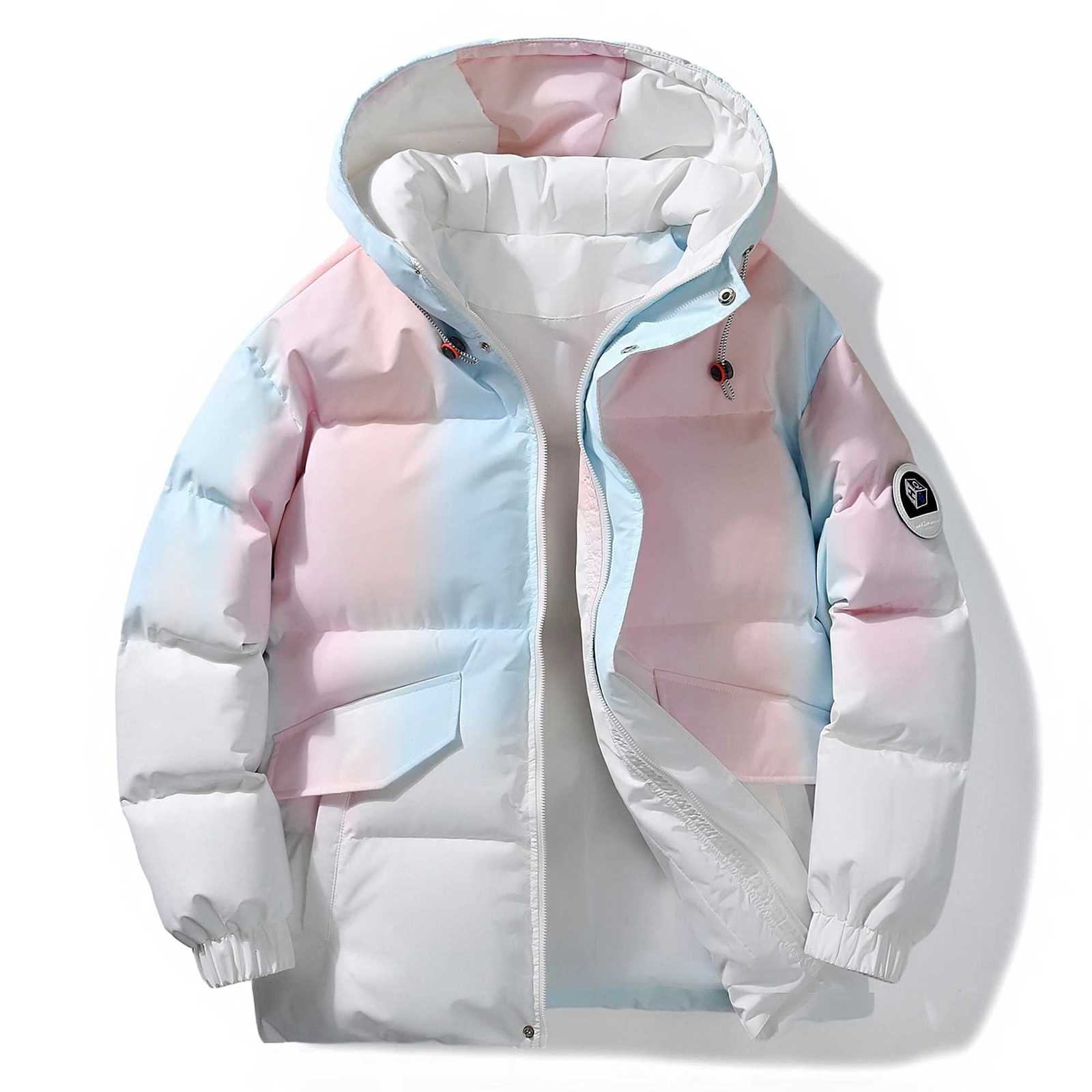 Mens Pink - Blue Ombre Hooded Puffer Jacket Pastel Gradient Winter Coat with Functional Pockets K251106