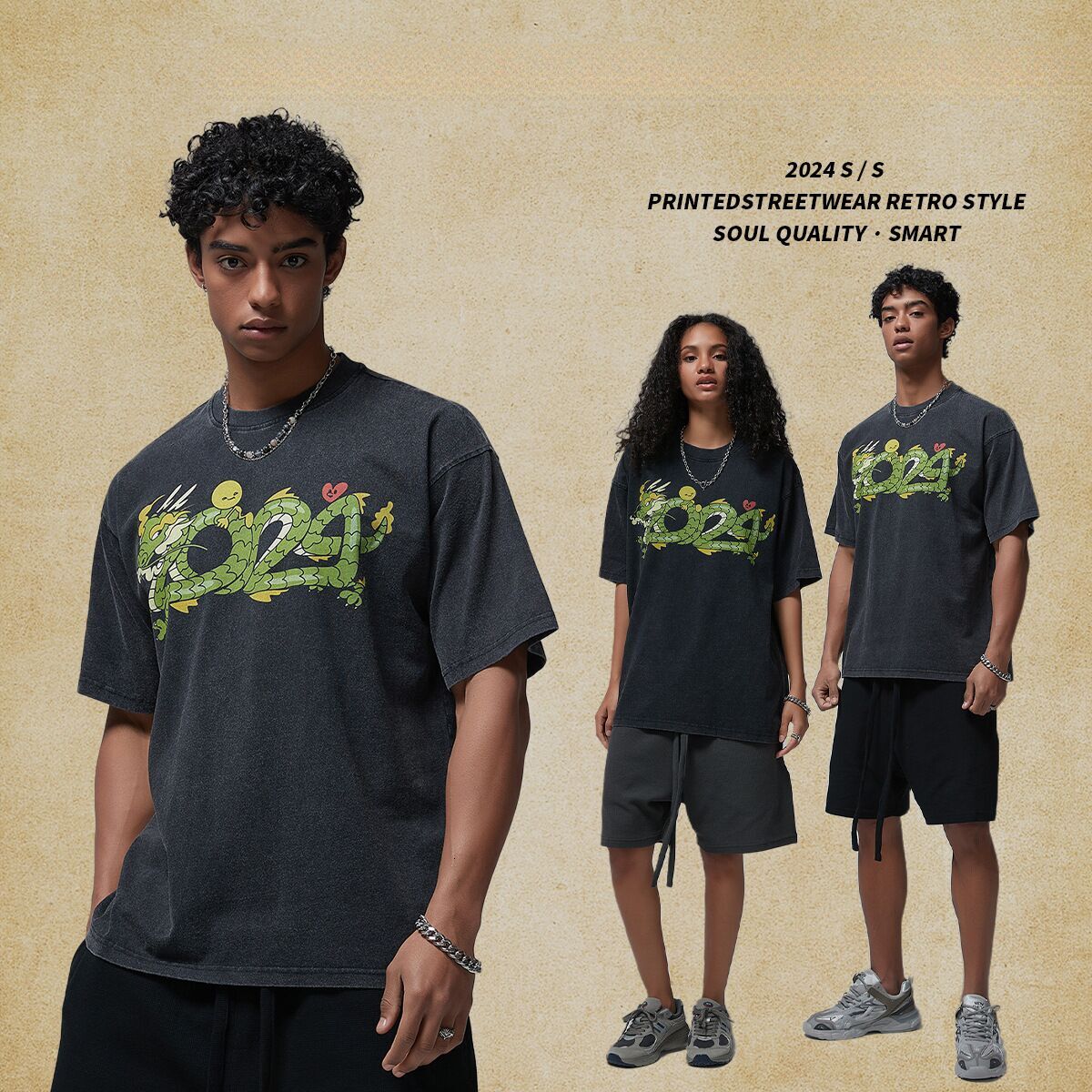 Men's Wear | 2025 New Product China Year of the Loong Printed Wash Round Neck Short Sleeve Street Fashion T-shirt Men