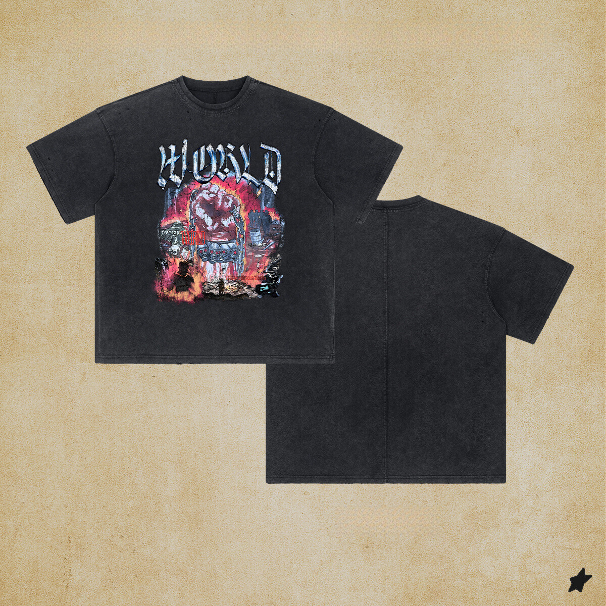 Chain fashion men's clothing | Black distressed printed T-shirt with loose edges, cut holes, washed cotton short sleeved shirt