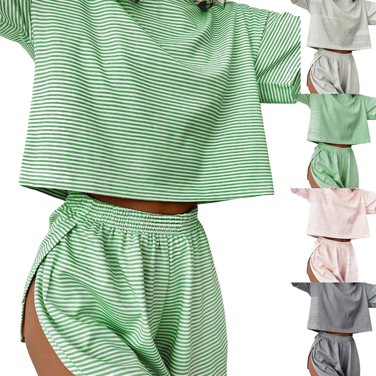 Womens striped pajamas set short sleeved Tshirt and 2piece womens home casual loose round neck 250313
