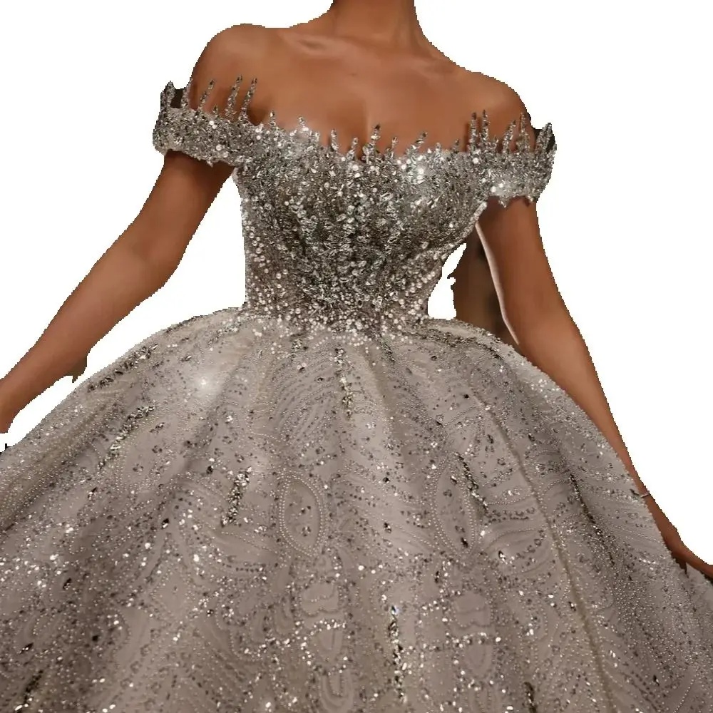 Stunning Pearls Women Wedding Dress Charming Shiny Crystals Off the Shoulder Ball Gown Elegant Beaded Bridal Gown Customized