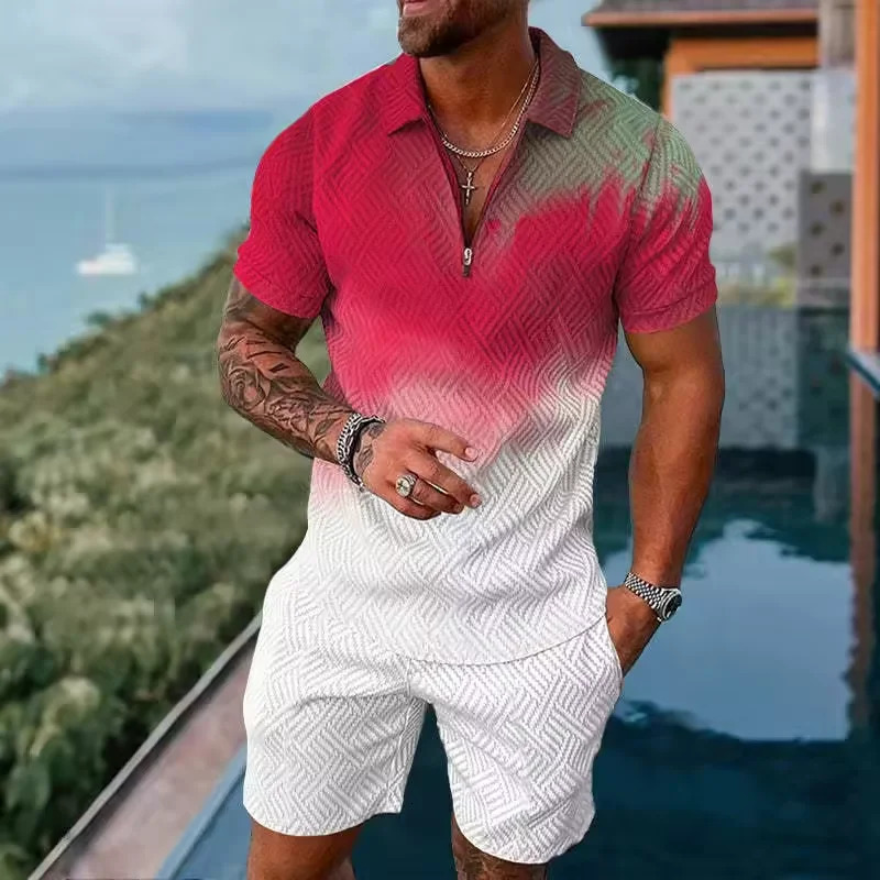 Trend Man Pullover solid color gradient 3D printed sportswear set casual zipper polo shirt shorts 2piece oversized summer clothing 250313