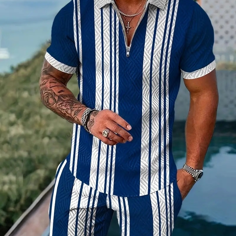 Mens 3D graphic printed polo shirt set for business and leisure activities summer styling 2piece plus size clothing 250324