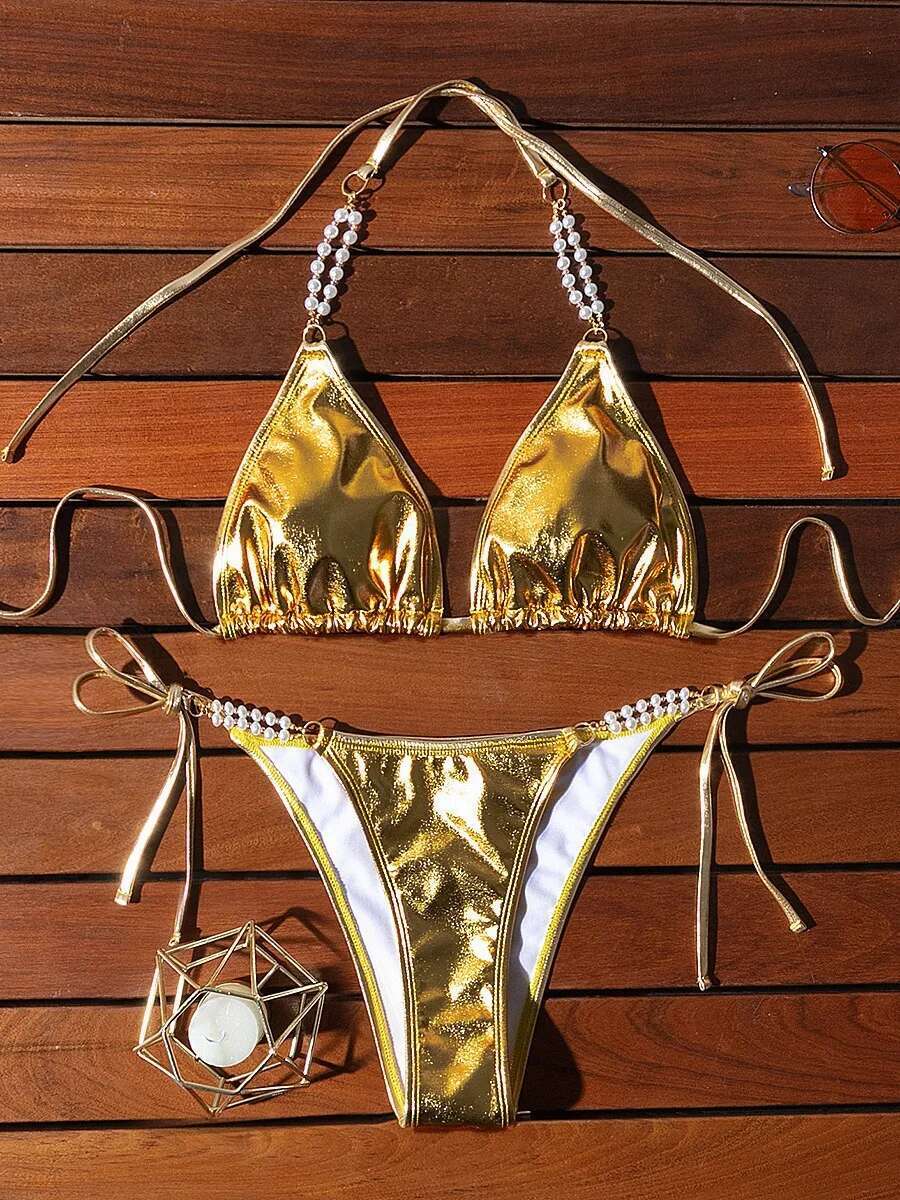 Dongdumaoyi Shiny Gold Bikini Set Women Sexy Pearls Strap PU Leather Push Up Micro Swimsuit Luxury Bathing Suit Tie Side Thong Swimwear