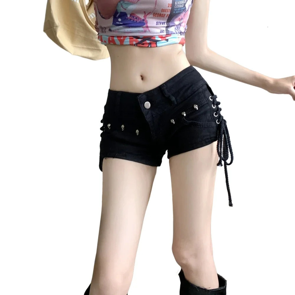 American Retro Black Sexy Skull Mini Jean Shorts Women Y2k Summer Low Wasit Micro Short Jeans Woman with Bandage Korean Fashion 250407